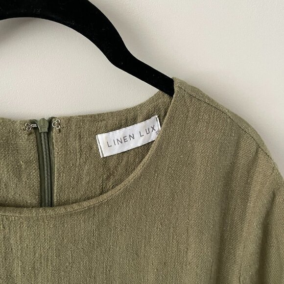 Linen Lux 3/4 Sleeves Raw Hem Crew Neck Linen Blend Mini Dress Army Green 12 - Picture 7 of 9